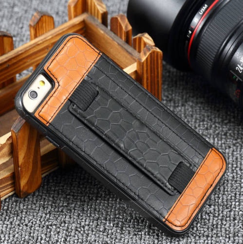 Slim Card Slot Hand Strap Holder Stand Leather Phone Case For Iphone 6 6s Plus, Black + Brown