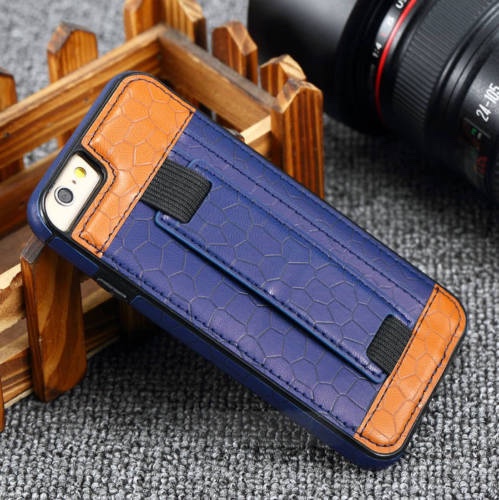 Slim Card Slot Hand Strap Holder Stand Leather Phone Case For Iphone 6 6s Plus, Blue + Brown