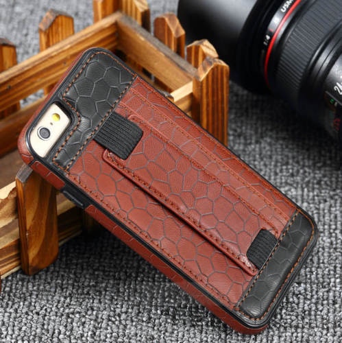 Slim Card Slot Hand Strap Holder Stand Leather Phone Case For Iphone 6 6s Plus, Deep Brown + Black