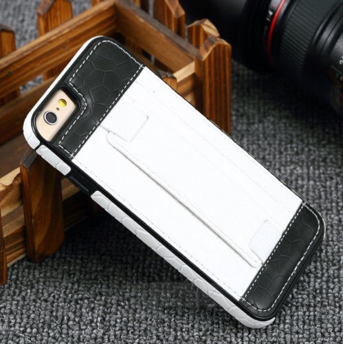 Slim Card Slot Hand Strap Holder Stand Leather Phone Case For Iphone 6 6s Plus, White + Black