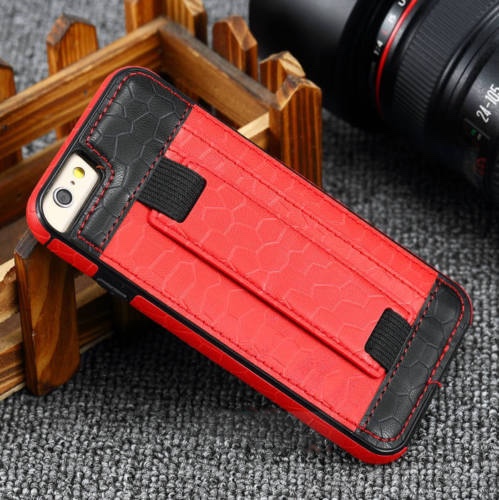 Slim Card Slot Hand Strap Holder Stand Leather Phone Case For Iphone 6 6s Plus, Red + Black