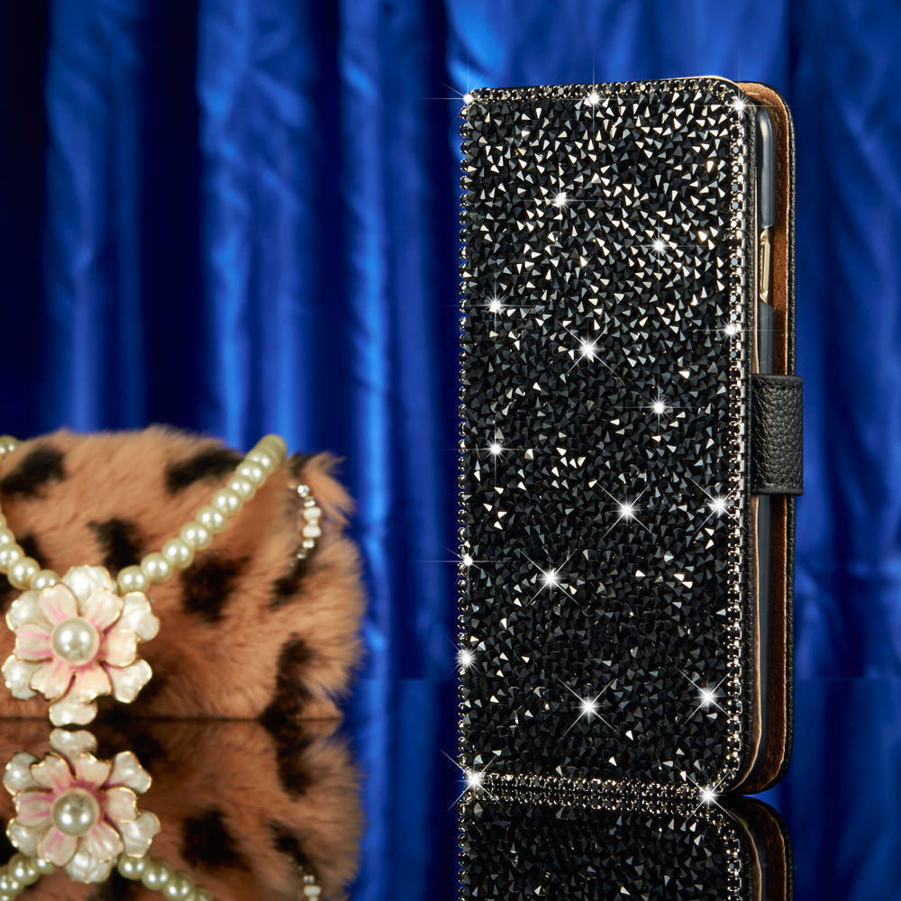 Luxury Bling Rhinestone Diamond Leather Cards Case Flip Wallet Phone Case Cover, Black