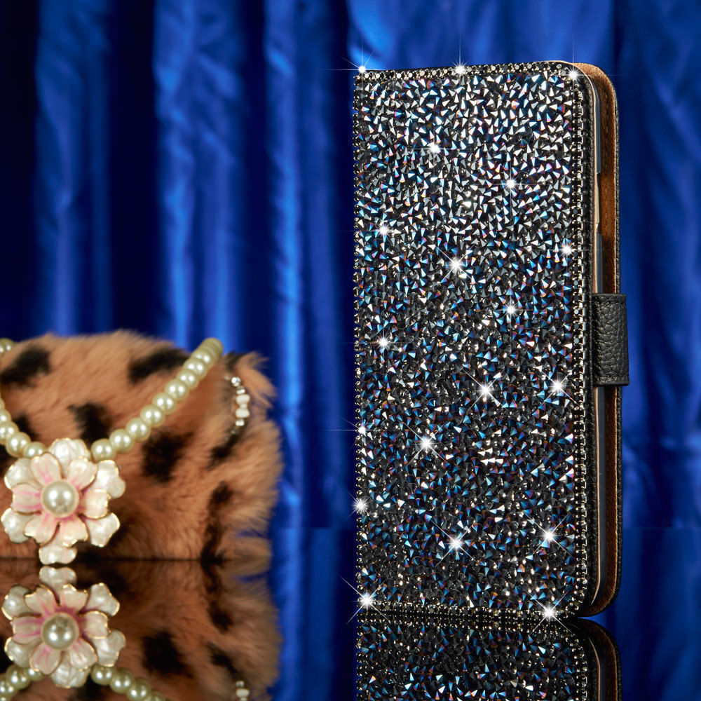 Luxury Bling Rhinestone Diamond Leather Cards Case Flip Wallet Phone Case Cover, Dark Blue