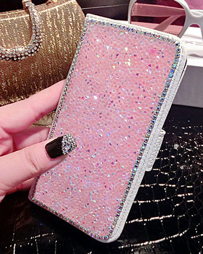 Luxury Bling Rhinestone Diamond Leather Cards Case Flip Wallet Phone Case Cover, Pink