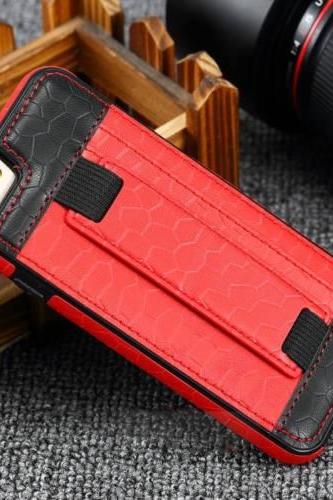 Slim Card Slot Hand Strap Holder Stand Leather phone case For iPhone 6 6S Plus, Red + Black